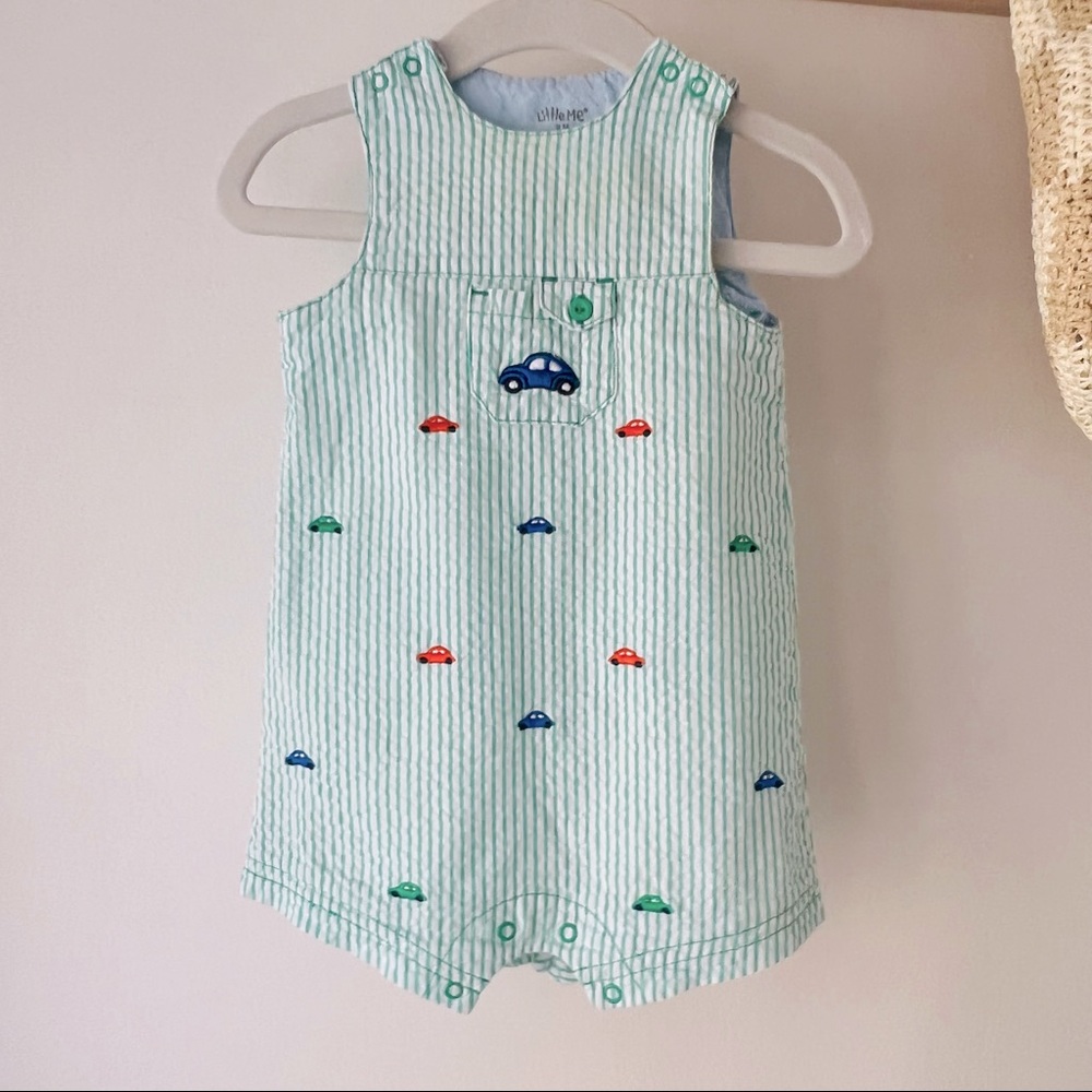 Little Me Green & White Seersucker Romper with Beatle Car embroidery, size 9 mo